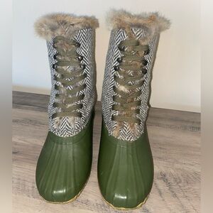 Women’s J.Crew Rabbit Fur duck boots tweed green size 8 Rare
